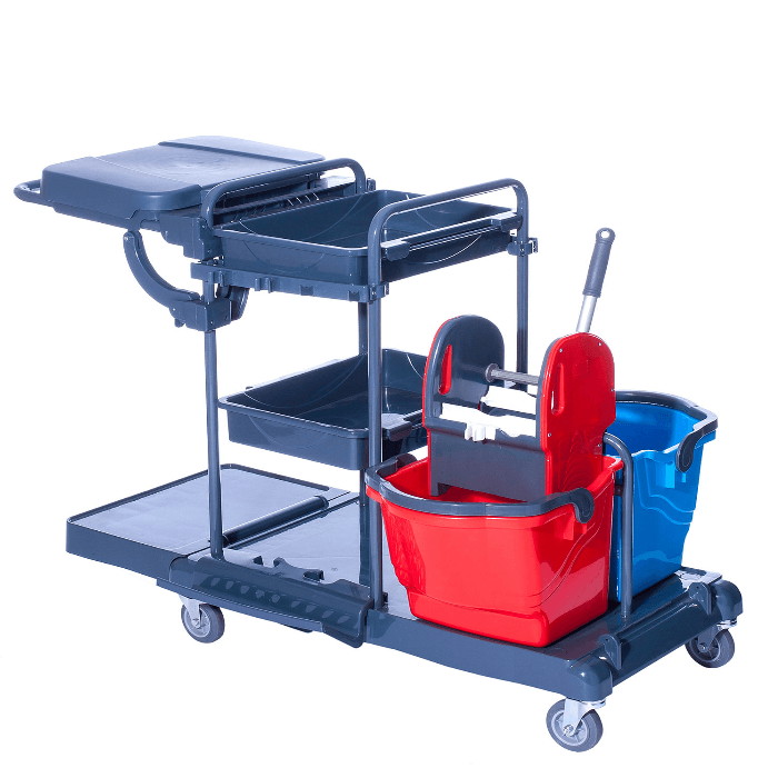 Floorstar rw1b reinigungswagen 1 basic roter und blauer plastikmoppeimer mit grauem metallrahmen auf rollen