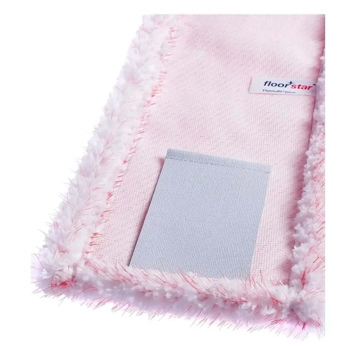 Pink fluffiger bodenmopp mit hellgrauem klebestreifen und floorstar markenlabel für den hausgebrauch