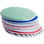 Stack von colorful microfiber mop pads in mintgrün, blau, pink, weiß und rot mit gemusterten kanten für floorstar microfaserpad 17 432mm