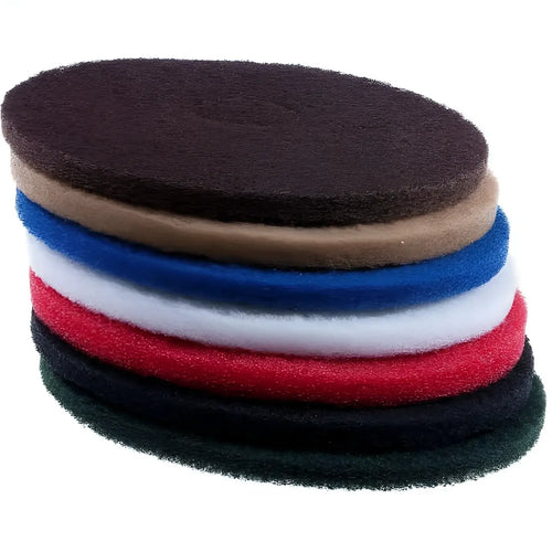 Stapel ovaler mehrfarbiger abrasive bodenreinigungspads in braun, beige, blau, weiß, rot und schwarz, floorstar superpad 17’’ - 432 mm sp1700