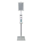 Weiße hygoclean desinfektionssäule aus aluminium mit armhebelspender und rechteckigem bildschirm in modernem design