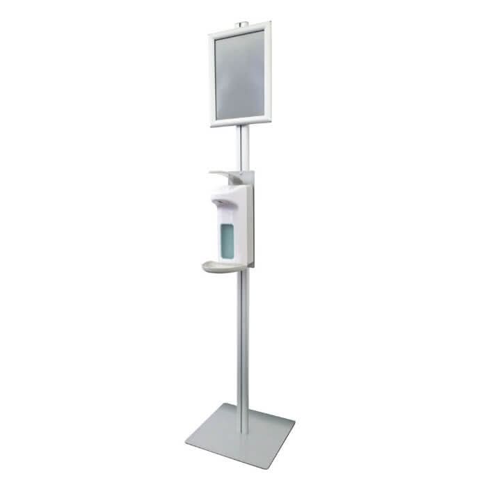 Weiße hygoclean desinfektionssäule aus aluminium mit armhebelspender spiegel und ablagefach