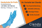 Blaue hygienische vinyl-handschuhe ideal aus latex auf der hand getragen in packung mit 100 stück