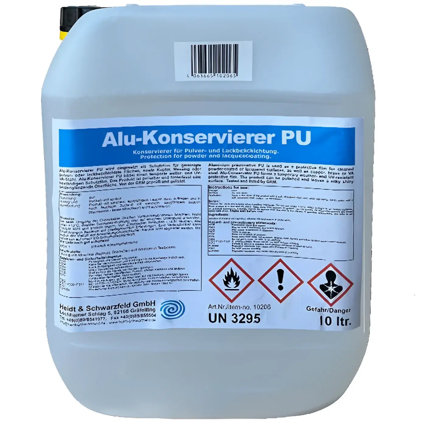 Lightgrauer kunststoffbehälter mit schwarzem und gelbem verschluss von heidt und schwarzfeld alu konservierer pu 10 liter für aluminiumerhalt
