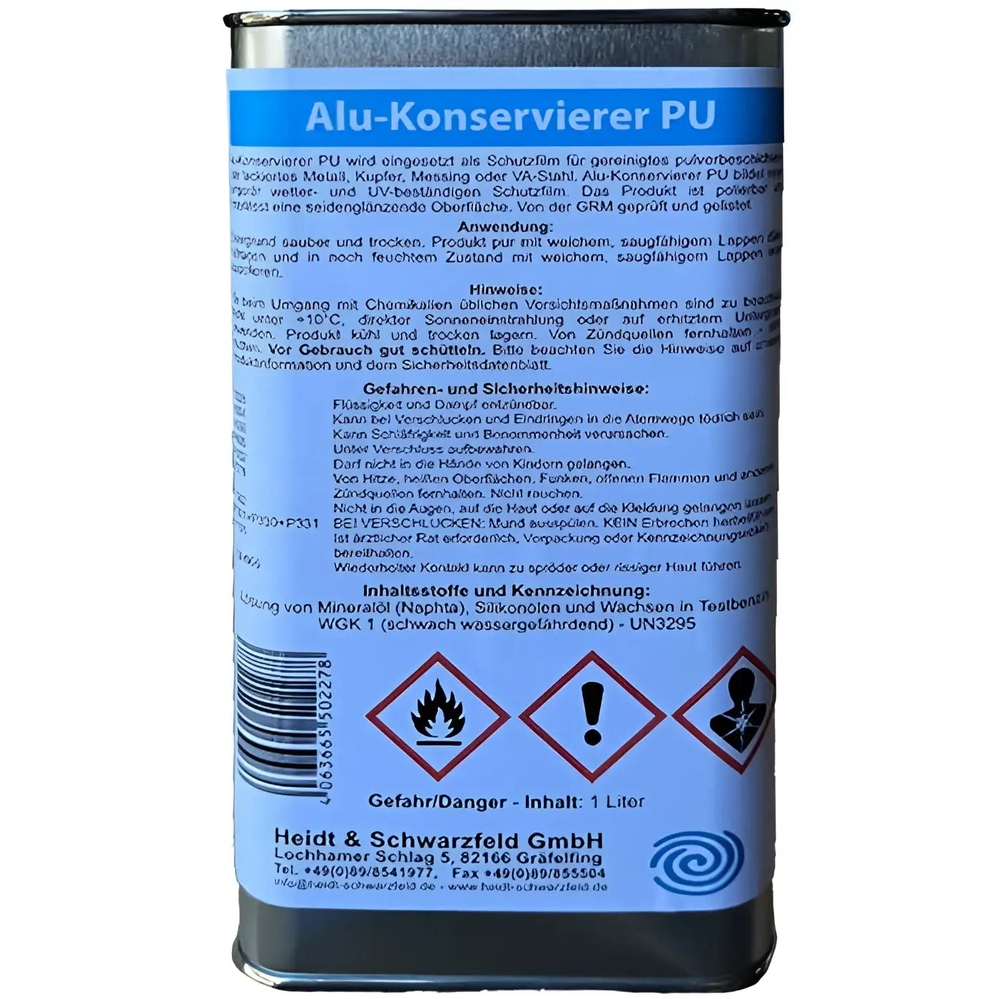 Eine zylindrische dose alu-konservierer pu mit blauem etikett und warnsymbolen von heidt & schwarzfeld 1l