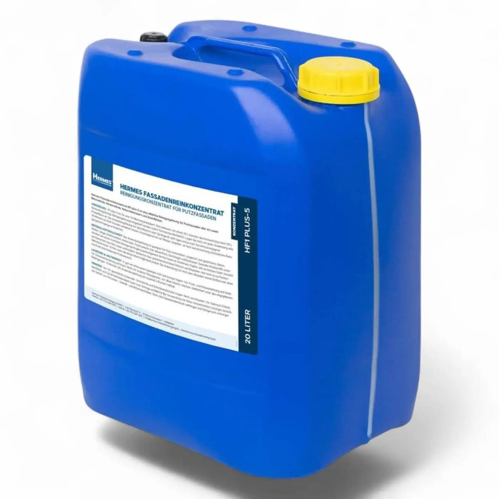 Blauer plastikkanister mit gelbem deckel und weißem etikett hermes fassadenreinigungskonzentrat 20 liter