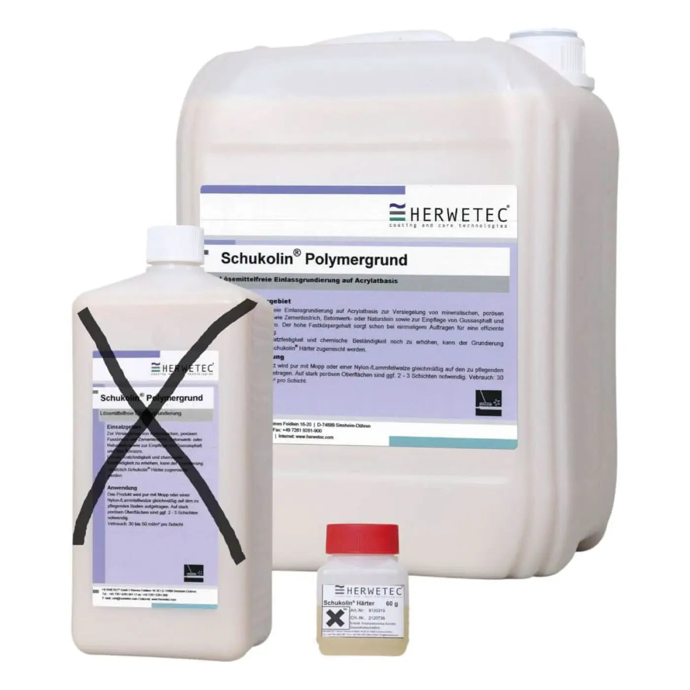 Weiße kunststoffbehälter von herwetec schukolin polymergrund plus härter mit lila weißen etiketten und schwarzem text