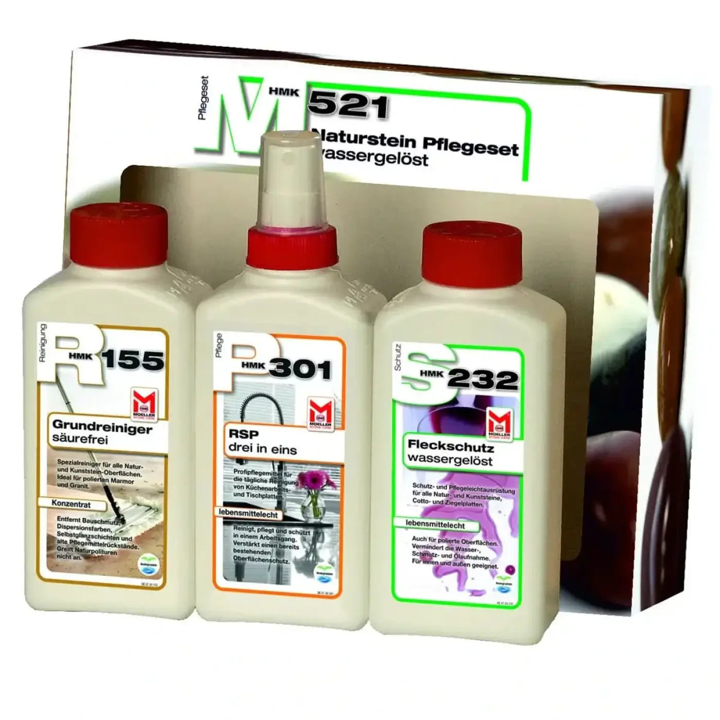Hmk m521 naturstein-pflegeset mit drei flaschen rotbeige r 155 p 301 s 232 wassergelöst für steinpflege