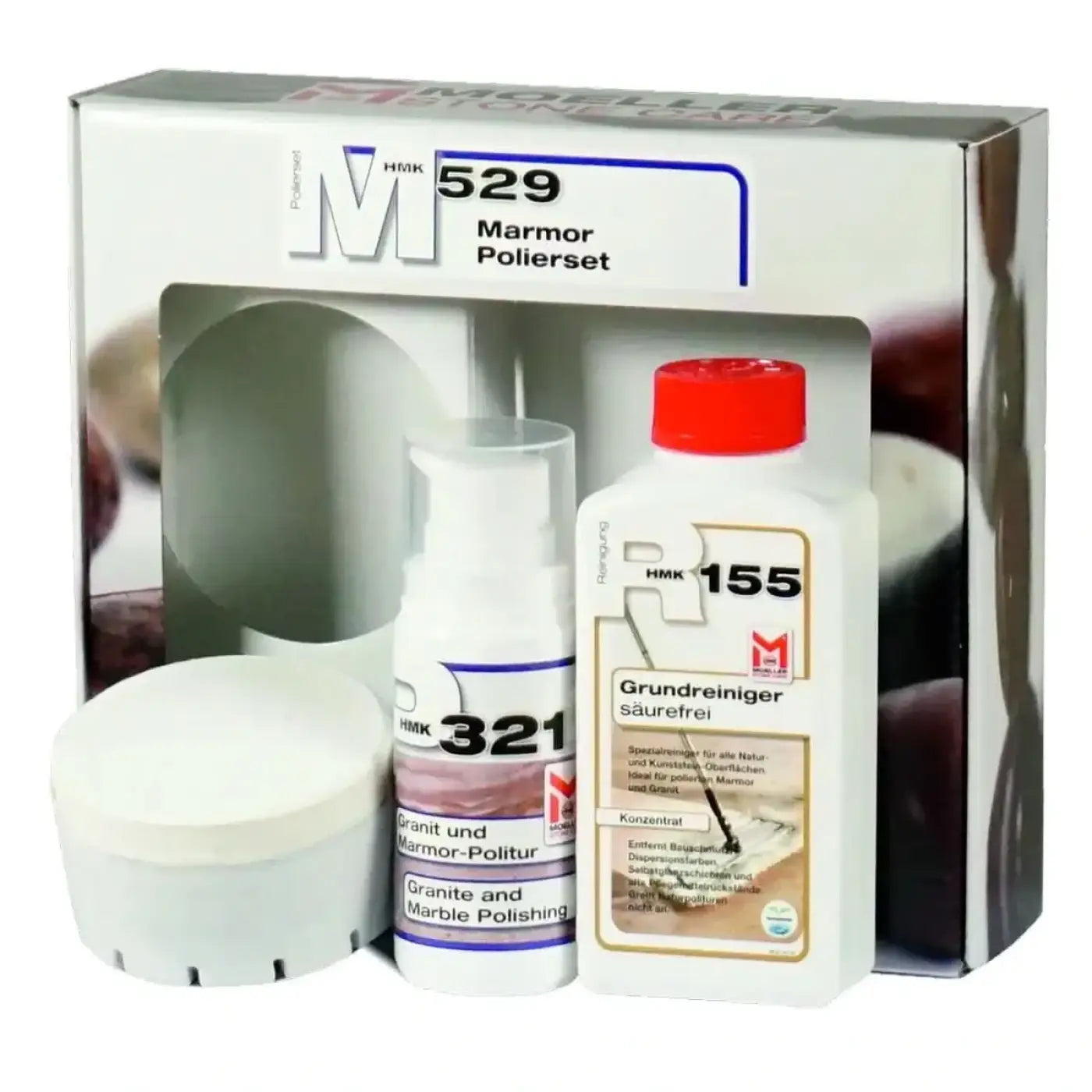 Weiße plastikflasche mit rotem verschluss hmk 155 grundreiniger säurefrei für granit und marmor im hmk m529 marmor-polier-set