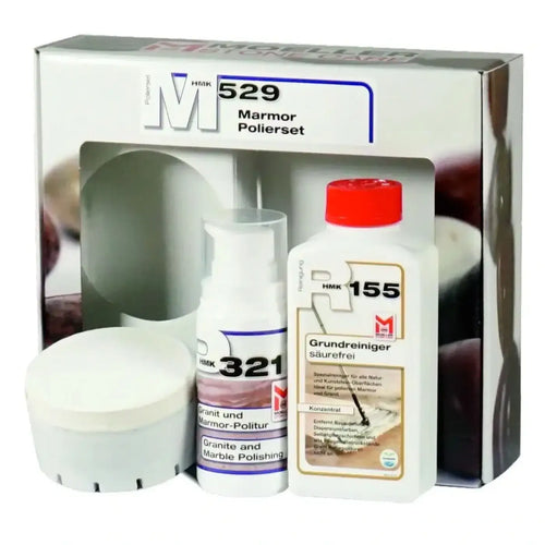 Weiße plastikflasche mit rotem verschluss hmk 155 grundreiniger säurefrei für granit und marmor im hmk m529 marmor-polier-set