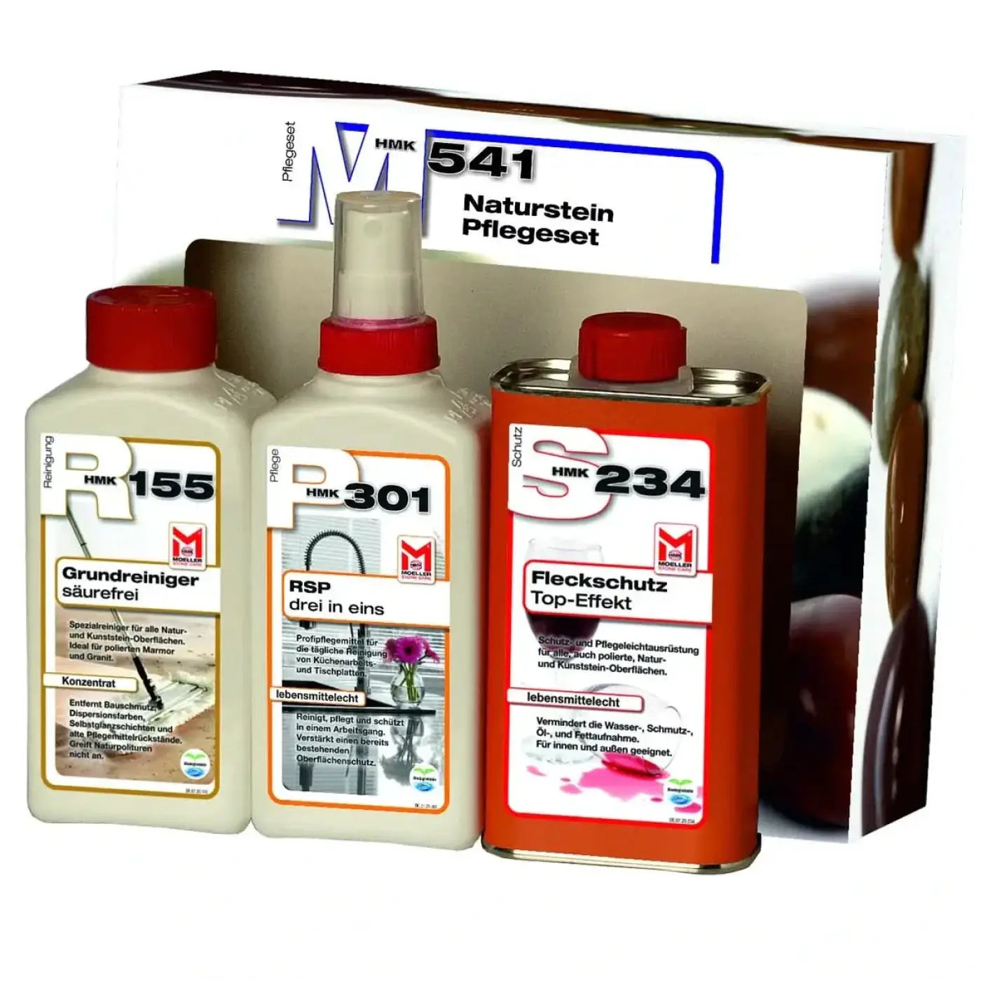 Hmk m541 naturstein pflegeset mit drei weißen und roten flaschen für reinigung politur und schutzlack