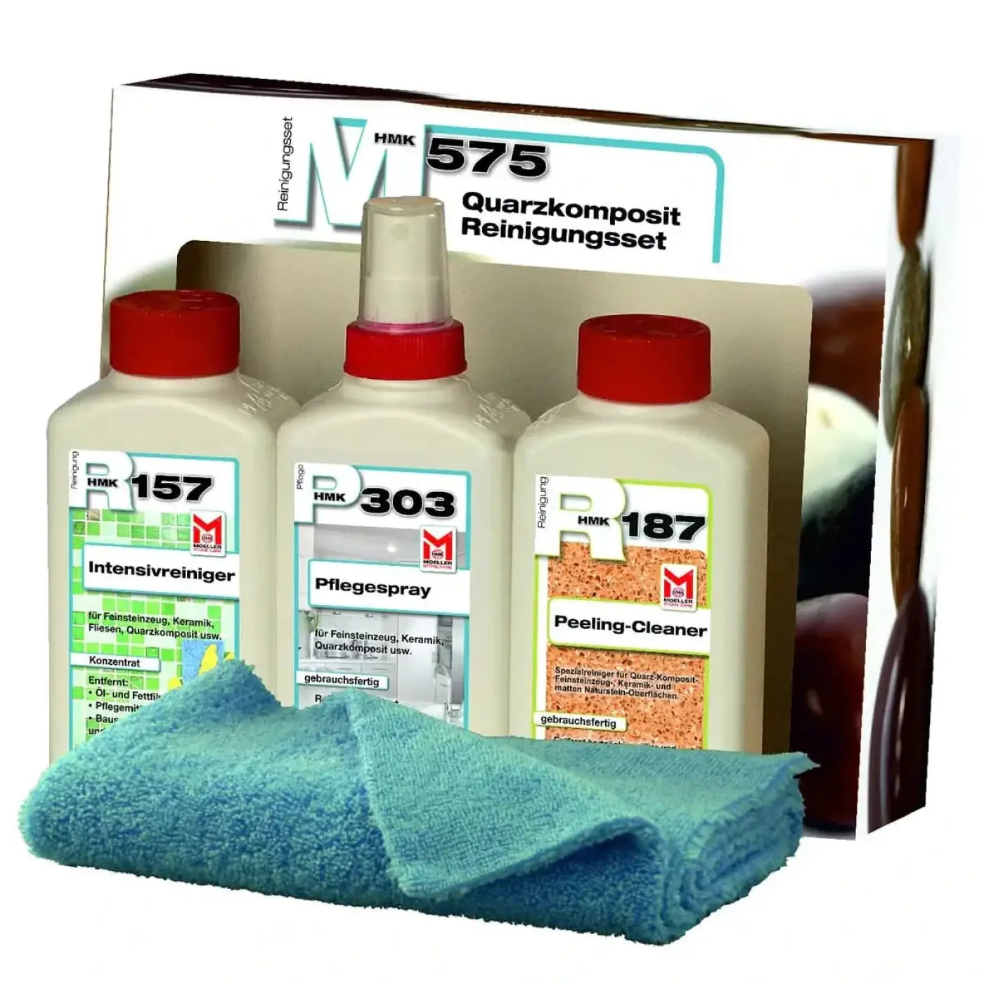 Hmk m575 quarz-komposit-reinigungsset mit drei flaschen rotkappen und teal mikrofaser-tuch