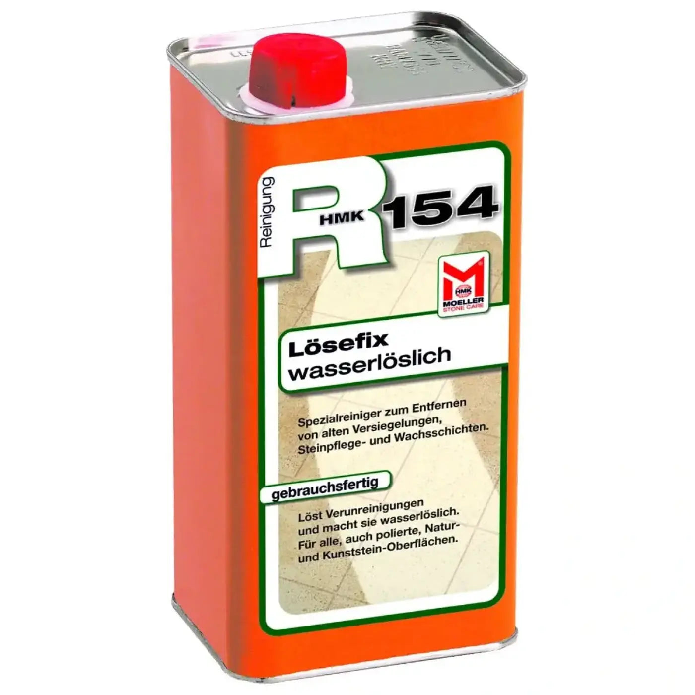 Orange metalldose mit rotem deckel und weißem etikett mit markenname r154 für wasserlöslichen lösefix fleckenentferner 1l