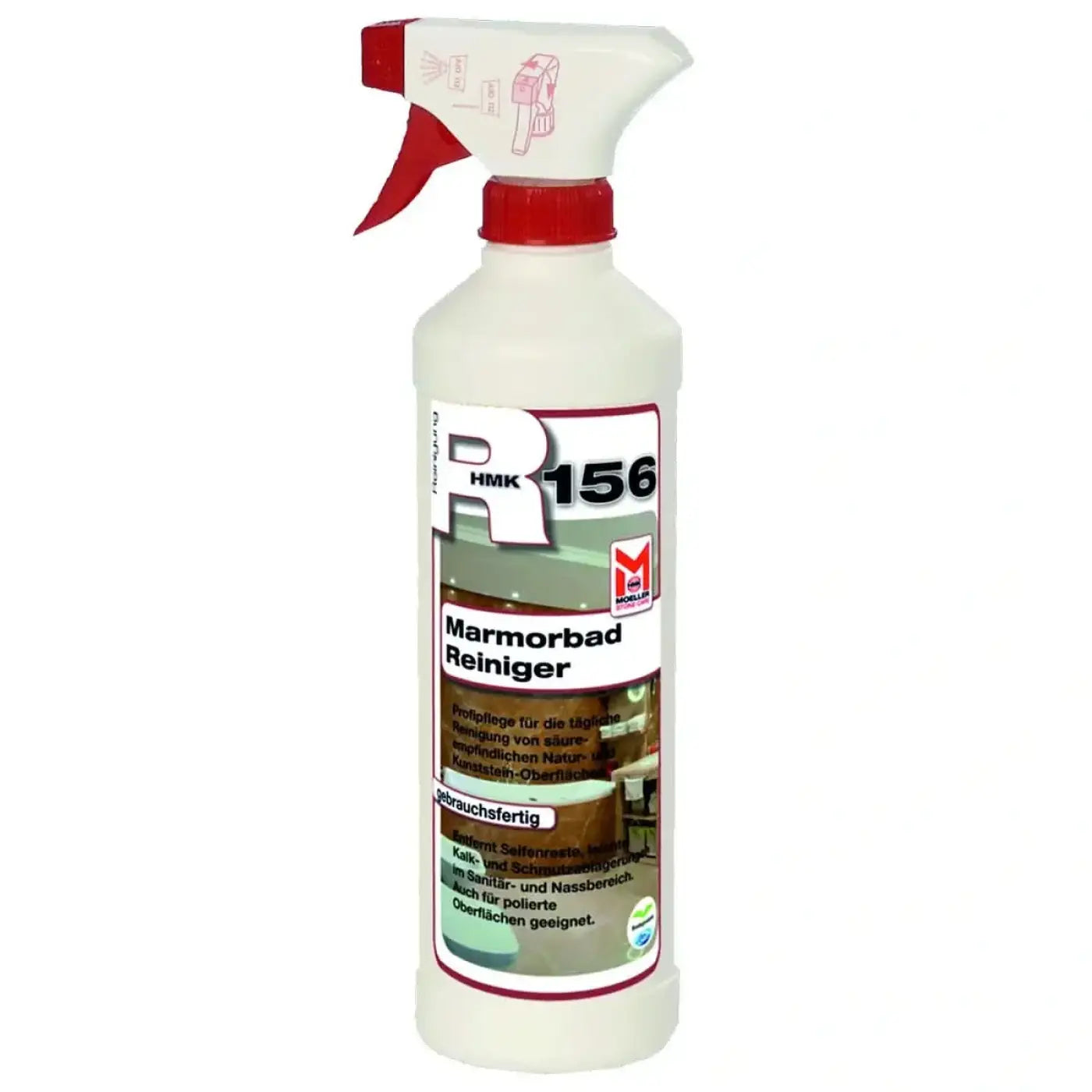 Weiße plastik-sprühflasche mit rotem abzug und verschluss für möller hmk r156 marmorbadreiniger säurefrei 500ml