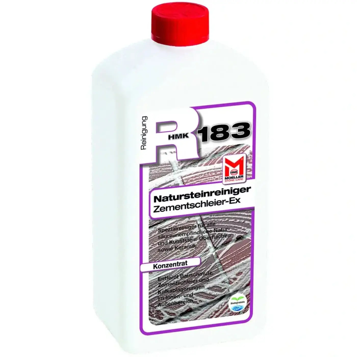 Weiße plastikflasche mit rotem deckel und lila etikett von möller stone care hmk r183 natursteinreiniger zementschleier-ex 1l