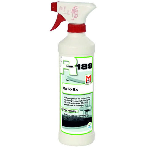 Weiße kunststoff-sprühflasche mit rotem auslöser und cap hmk 189 kalk-ex zur kalkentfernung 500ml