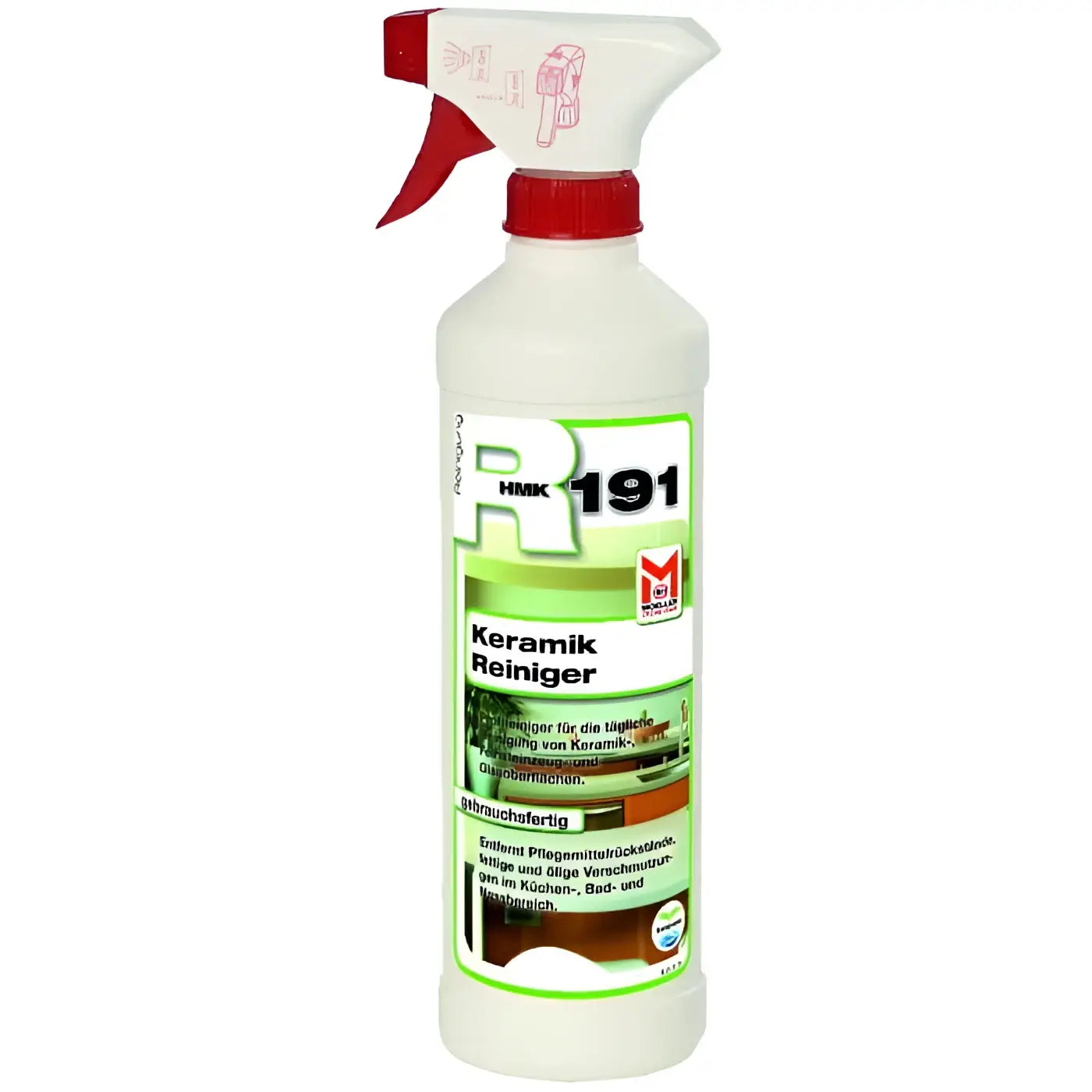 Weiße kunststoff-sprühflasche mit rotem auslöser und etikett hmk r191 keramik-reiniger 500ml zur keramikreinigung