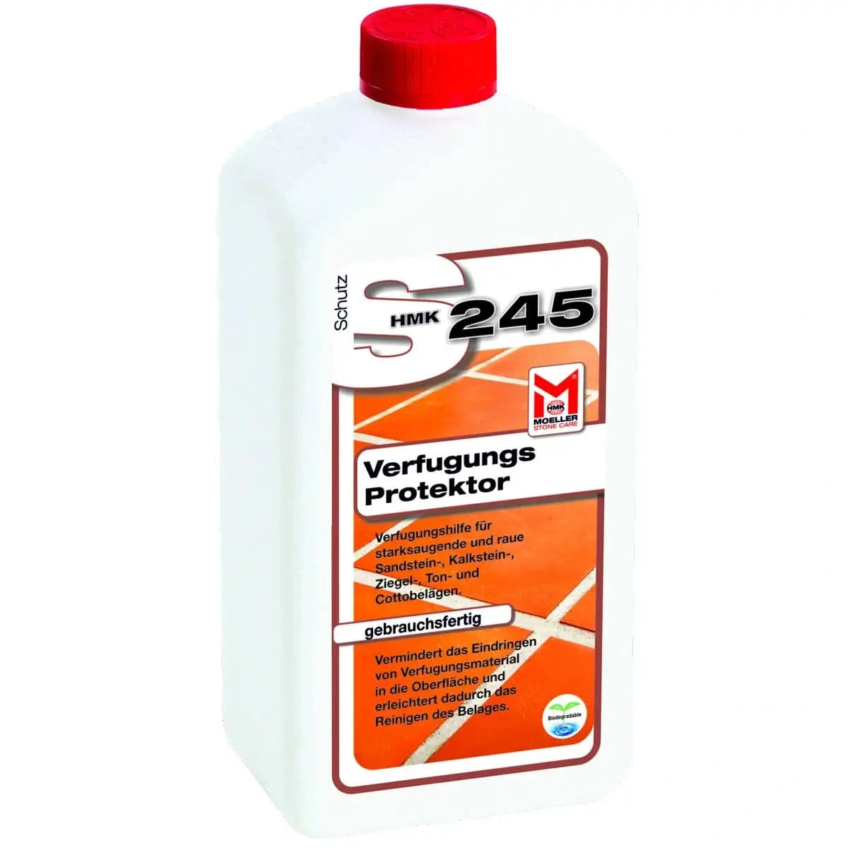 Weiße plastikflasche mit rotem verschluss und orangefarbenem etikett hmk 245 steinimprägnierung für steinpflege