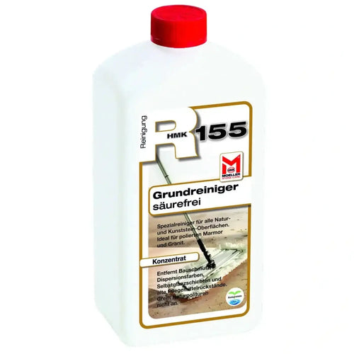 Weiße plastikflasche mit rotem verschluss und goldumrandetem label möller hmk 155, säurefreier grundreiniger für natur- und kunststein