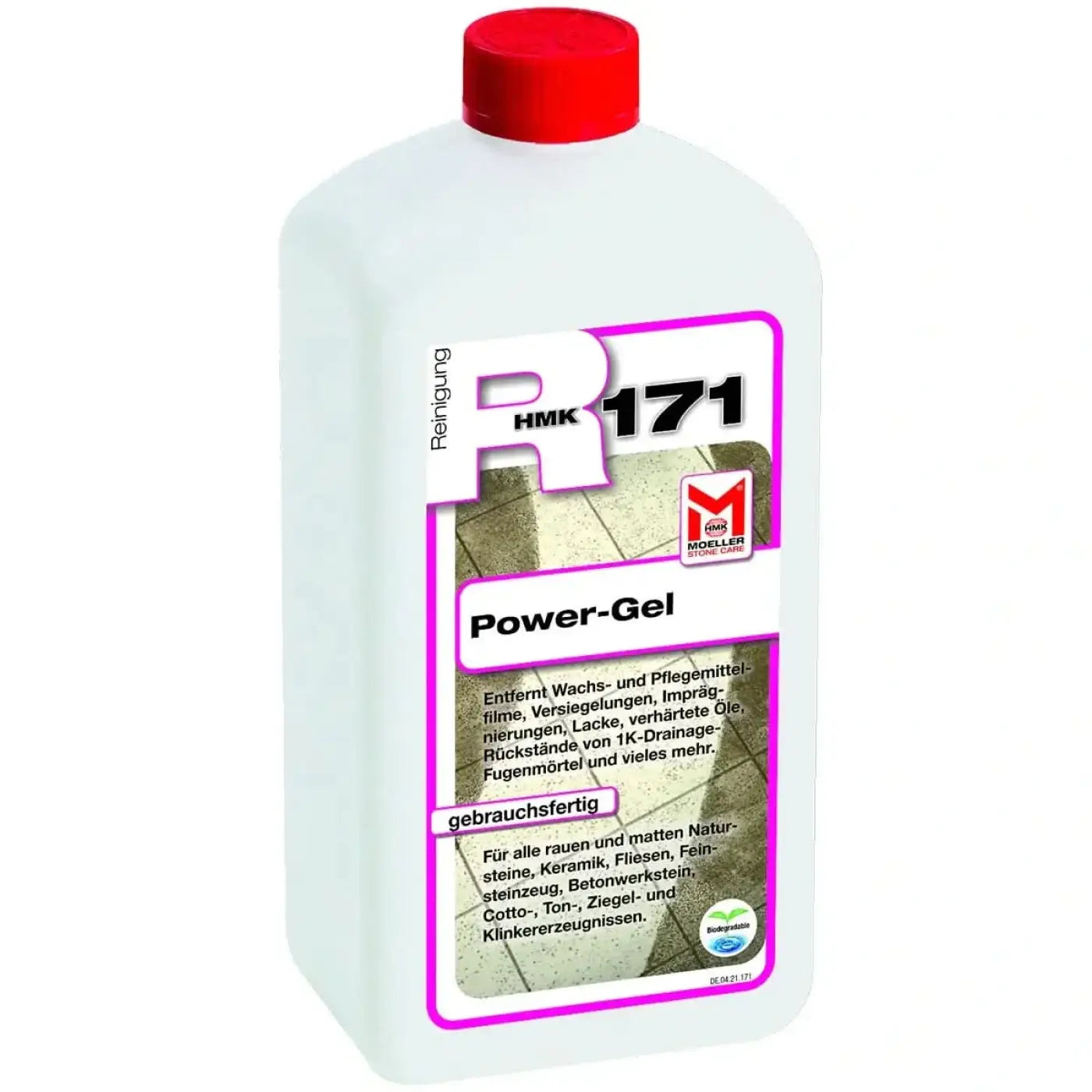Weiße kunststoffflasche mit rotem deckel und lila etikett für möller stone care power-gel spezialreiniger 5l