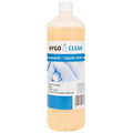 Eine durchscheinende kunststoffflasche mit weißem deckel, gefüllt mit helloranger aprikosen-flüssigseife von hygo clean