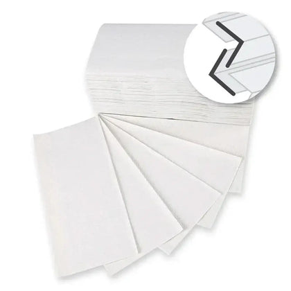 Stack of hygoclean 2-ply white paper napkins made from fsc recycled paper with zigzag v/zz folding 23x21 cm