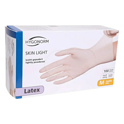 A box of hygonorm skin light latex gloves white lightly powdered 100 pieces for hygienic use