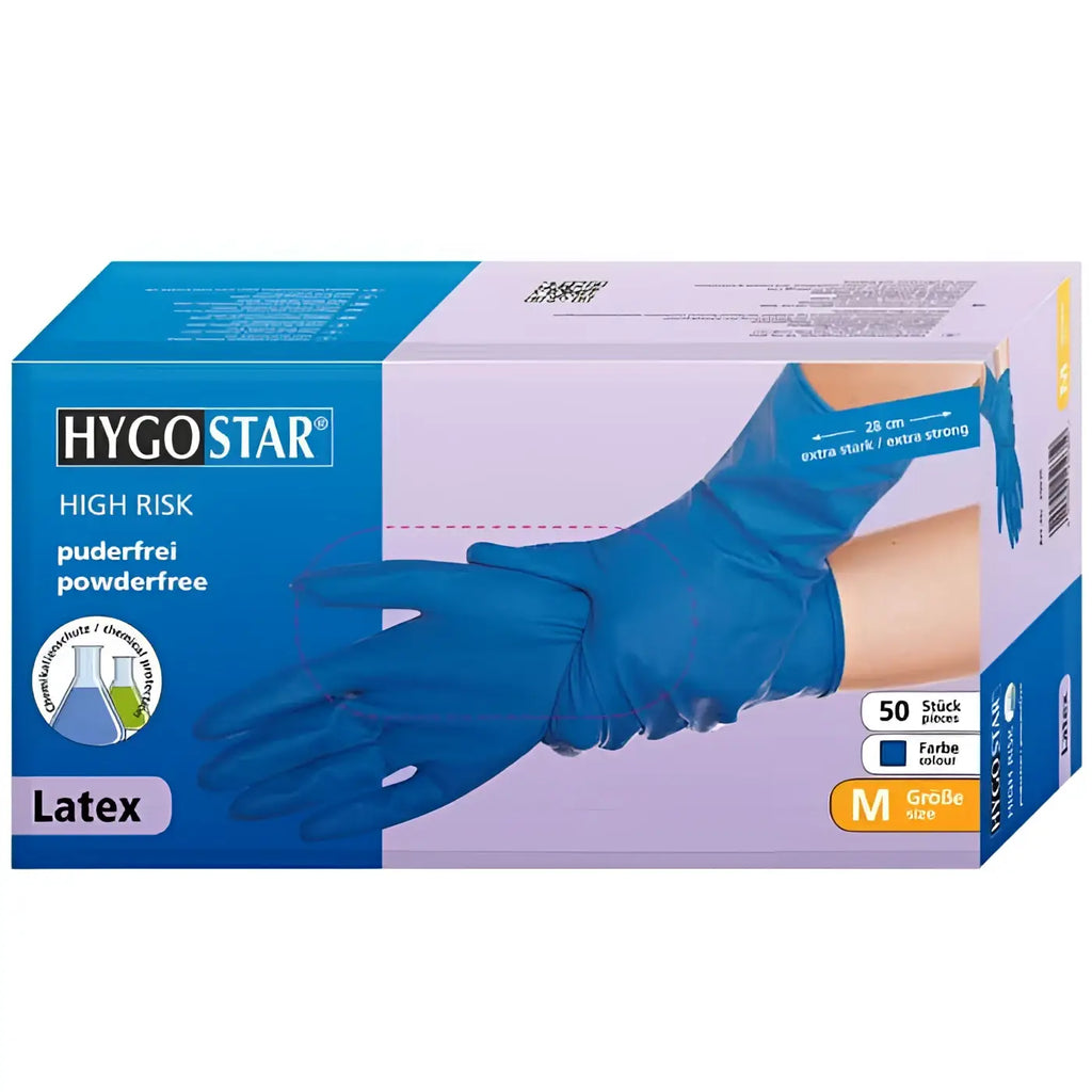 Blaues hygo star latexhandschuhe 50 stück für hohe risiken, puderfrei und extra stark im karton