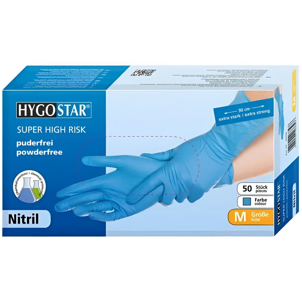 Blaue nitrilhandschuhe von hygostar in box mit 50 stück, puderfrei und extra stark für super-hochriskoeinsatz