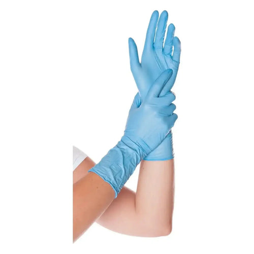 Lightblaue latexfreie disposable nitrilhandschuhe hygostar safe long mit enger passform und verstärkten fingertips 100 stück