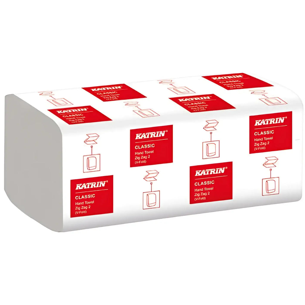 Weißer katrin classic handtuchpapierspender 2-lagig mit rotem branding und produktinformationen auf dem etikett