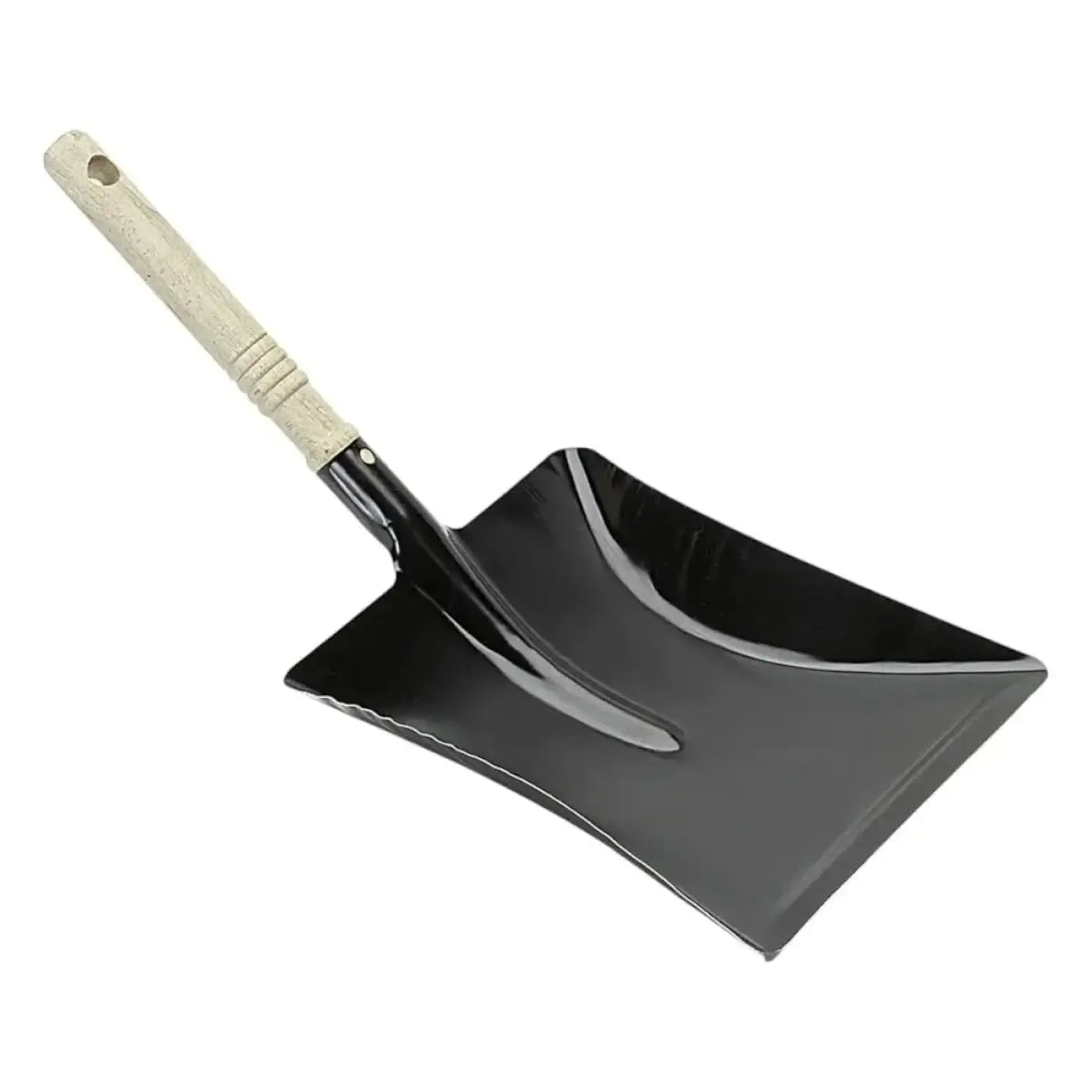 Schwarze kehrschaufel aus metall mit hellem holzgriff für einfache kehrarbeiten