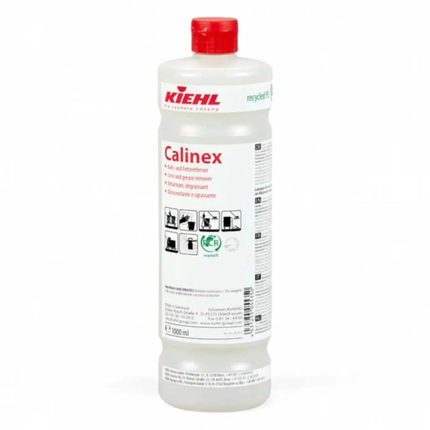 Klare plastikflasche mit rotem deckel und weißem etikett von kiehl calinex kalkentferner und fettentferner 1l