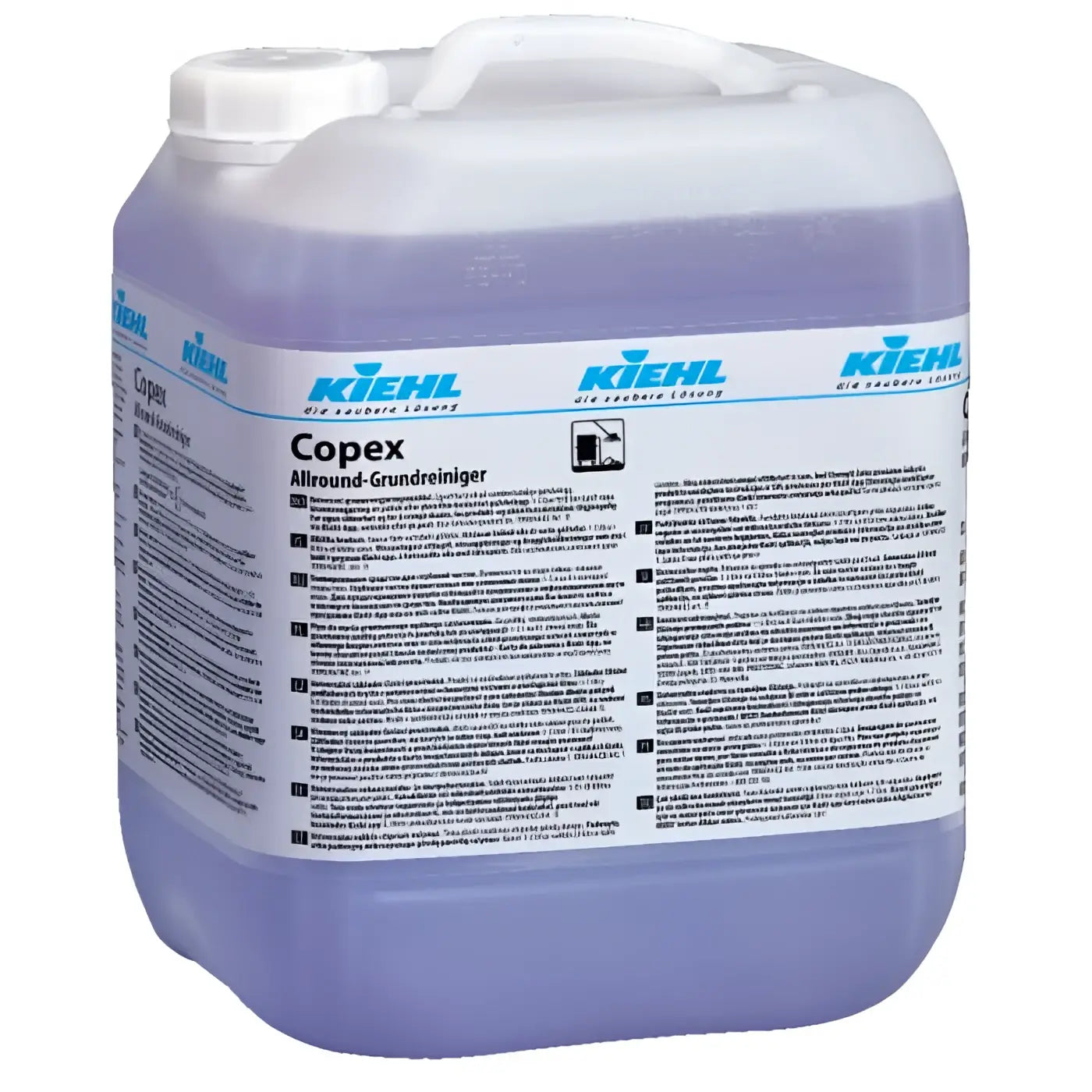 Lila plastikkanister mit weißem deckel und blauem etikett mit kiehl marke für copex grundreiniger 10l