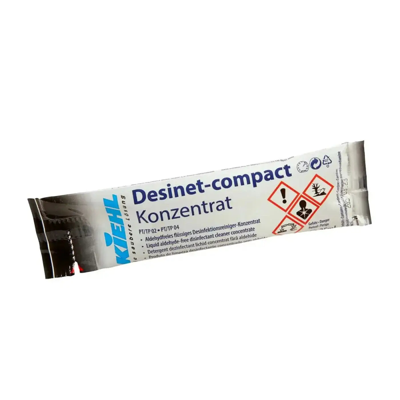 Ein weiß-blau verpackter tube des Kiehl Desinet-Compact Desinfektionsreiniger-Konzentrat Dosierbeutel 80x25ml