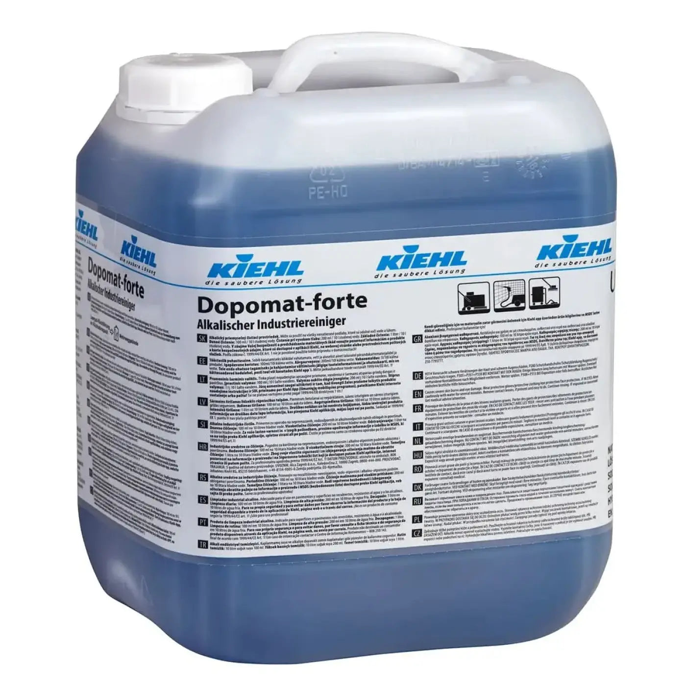 Blaue und weiße kanister mit dopomat-forte etikett k iehl automatischer und industrieller reiniger 1000l
