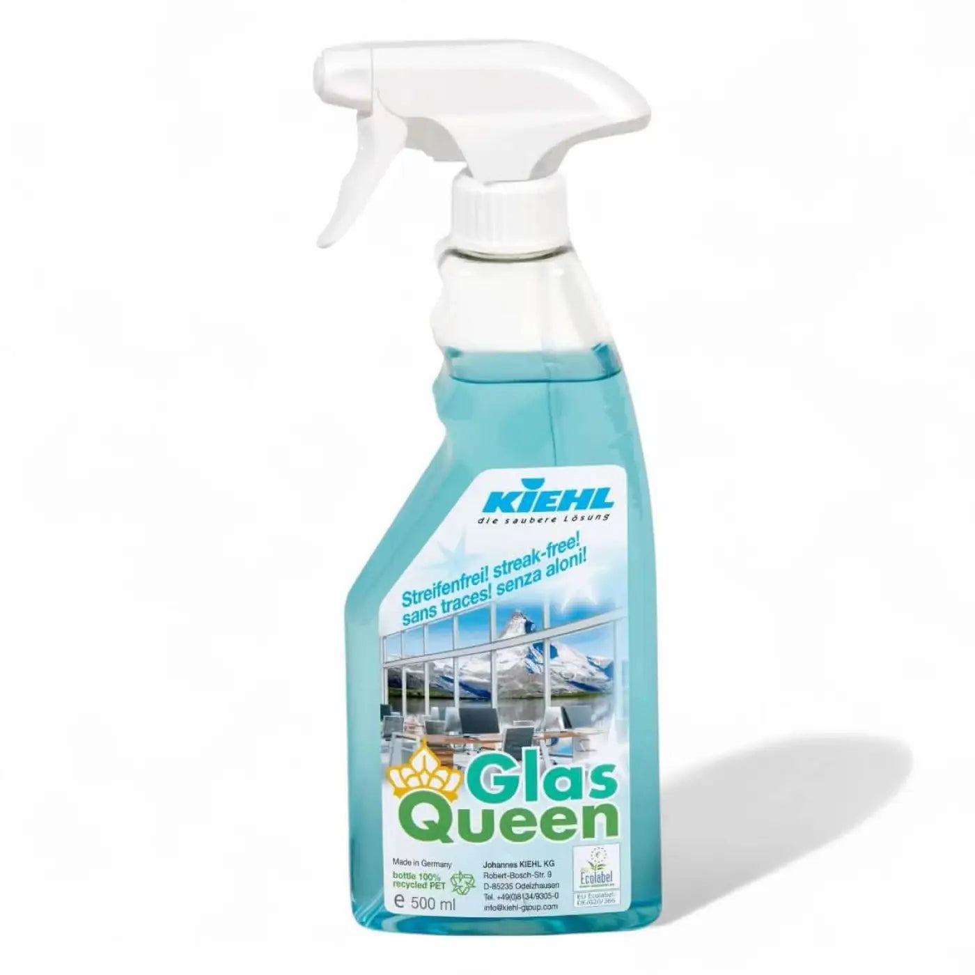 A transparent blue spray bottle with white trigger nozzle labeled glas queen by kiehl for glass cleaning