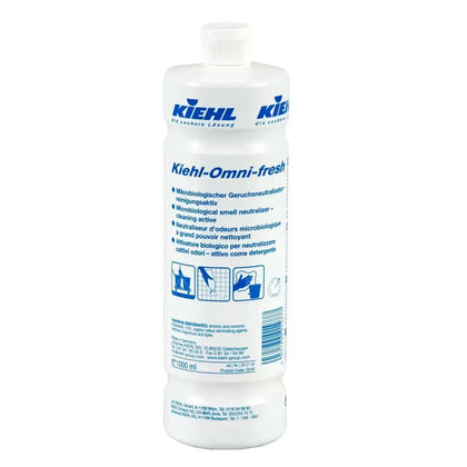 Weiße plastikflasche kiehl omni fresh geruchsneutralisator 1l mit blauem branding und mikrobieller geruchsneutralisierung