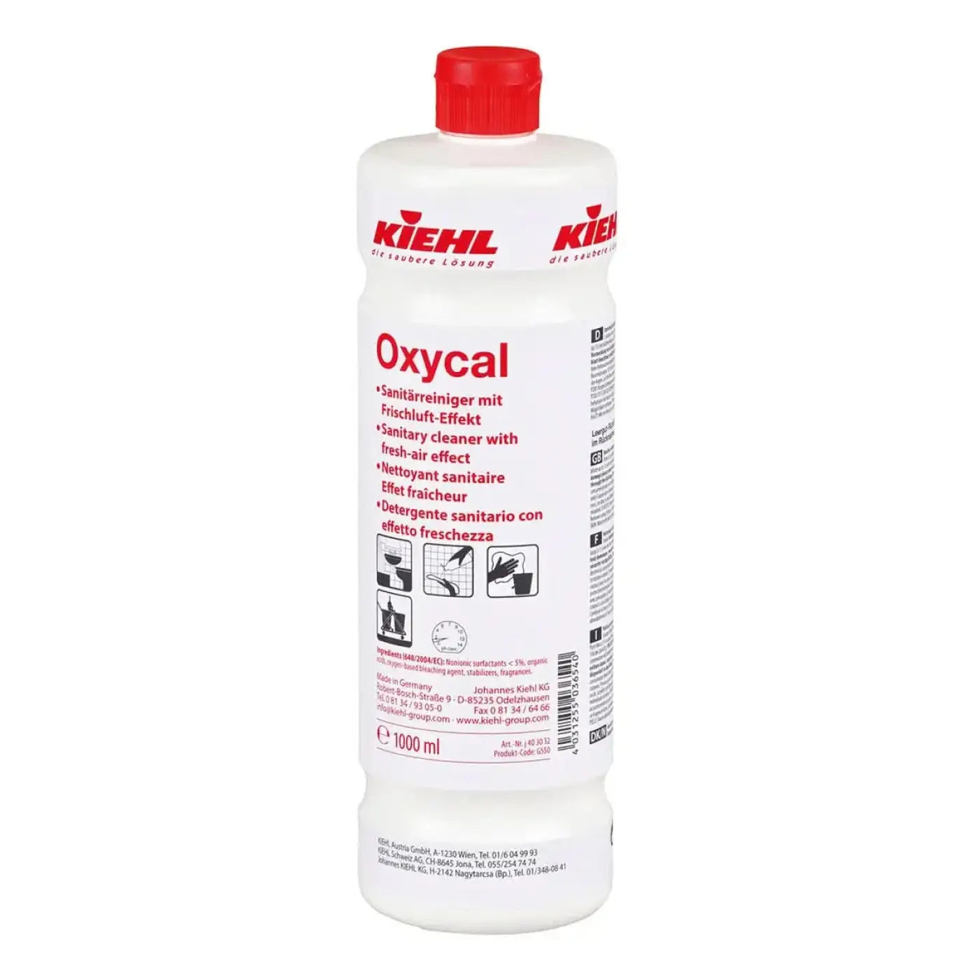 Weiße plastikflasche mit rotem deckel und etikett kiehl oxycal sanitärreiniger 1l mit frische-effekt