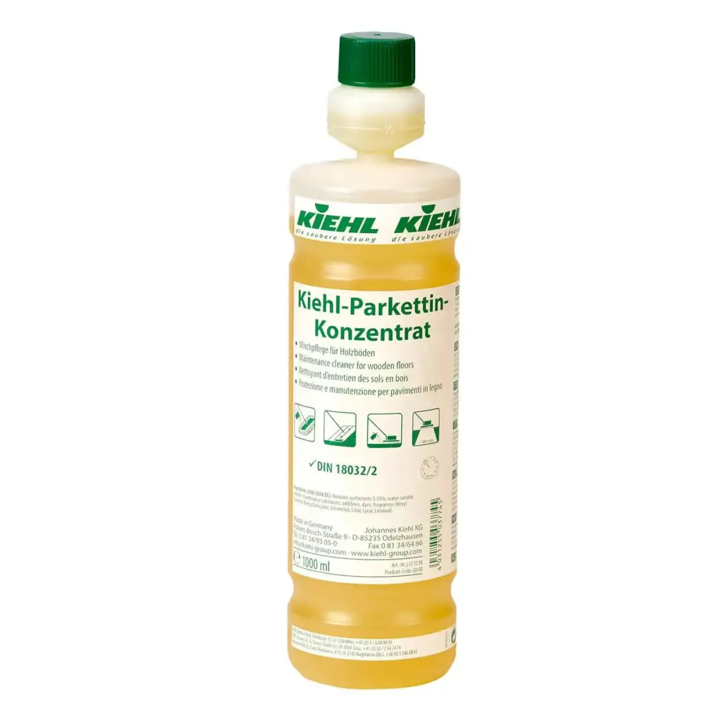 A 1000 ml bottle of kiehl parkettin-konzentrat yellow wood floor cleaner in a clear plastic container with green cap