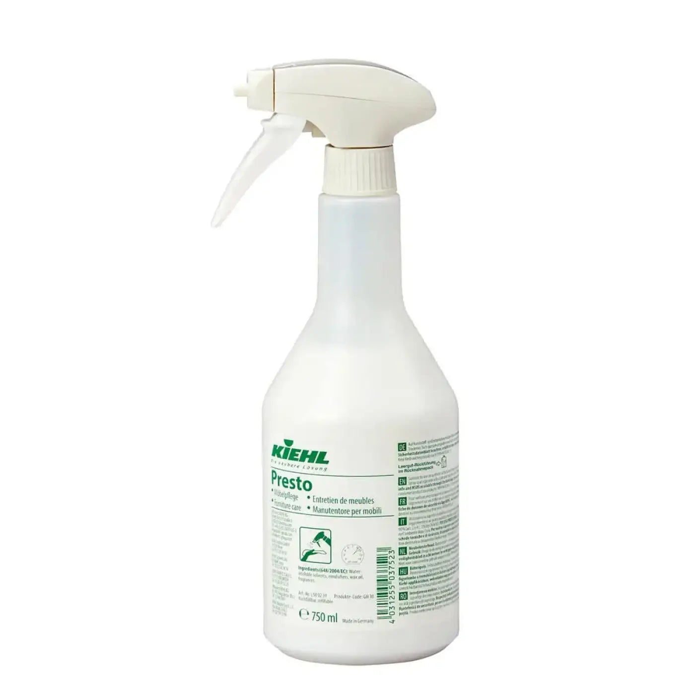 Weiße kunststoff-sprühflasche mit beigem auslöser und kappe von kiehl für möbelreinigung 750 ml