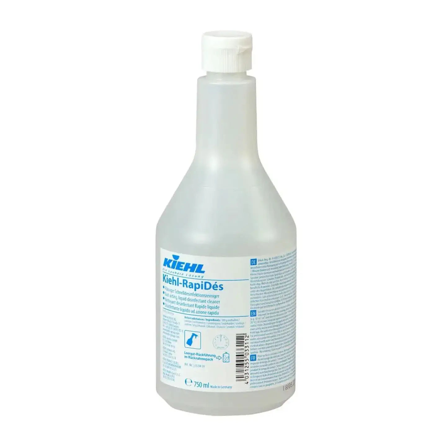 Transparente kunststoffflasche mit kiehl’s rapiDés schnell desinfektionsreiniger 750ml weißem schraubverschluss und blau weißem etikett