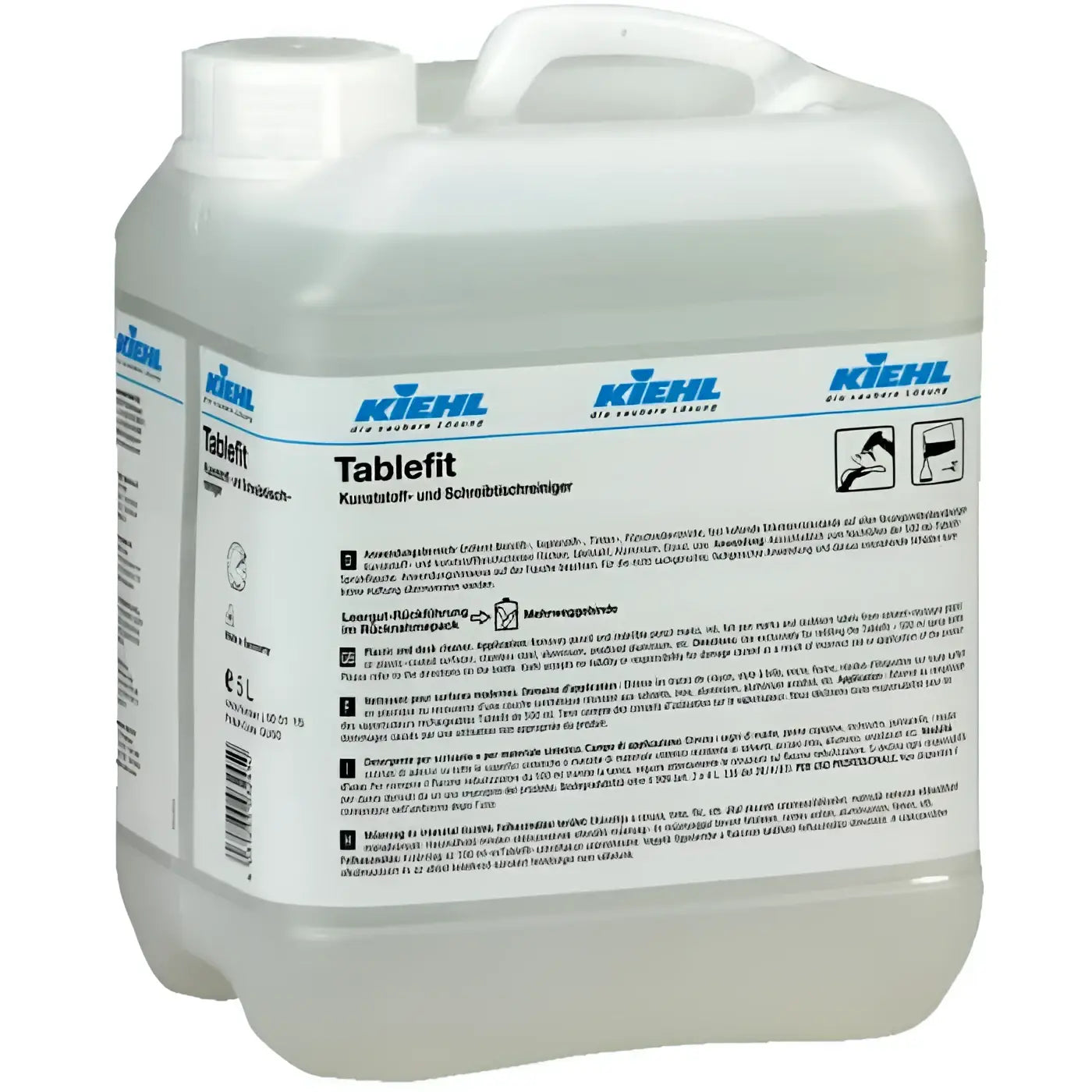 Weiße kunststoffflasche von kiehl tablefit tisch- und oberflächenreiniger 5 liter für kunststof und schreibtische