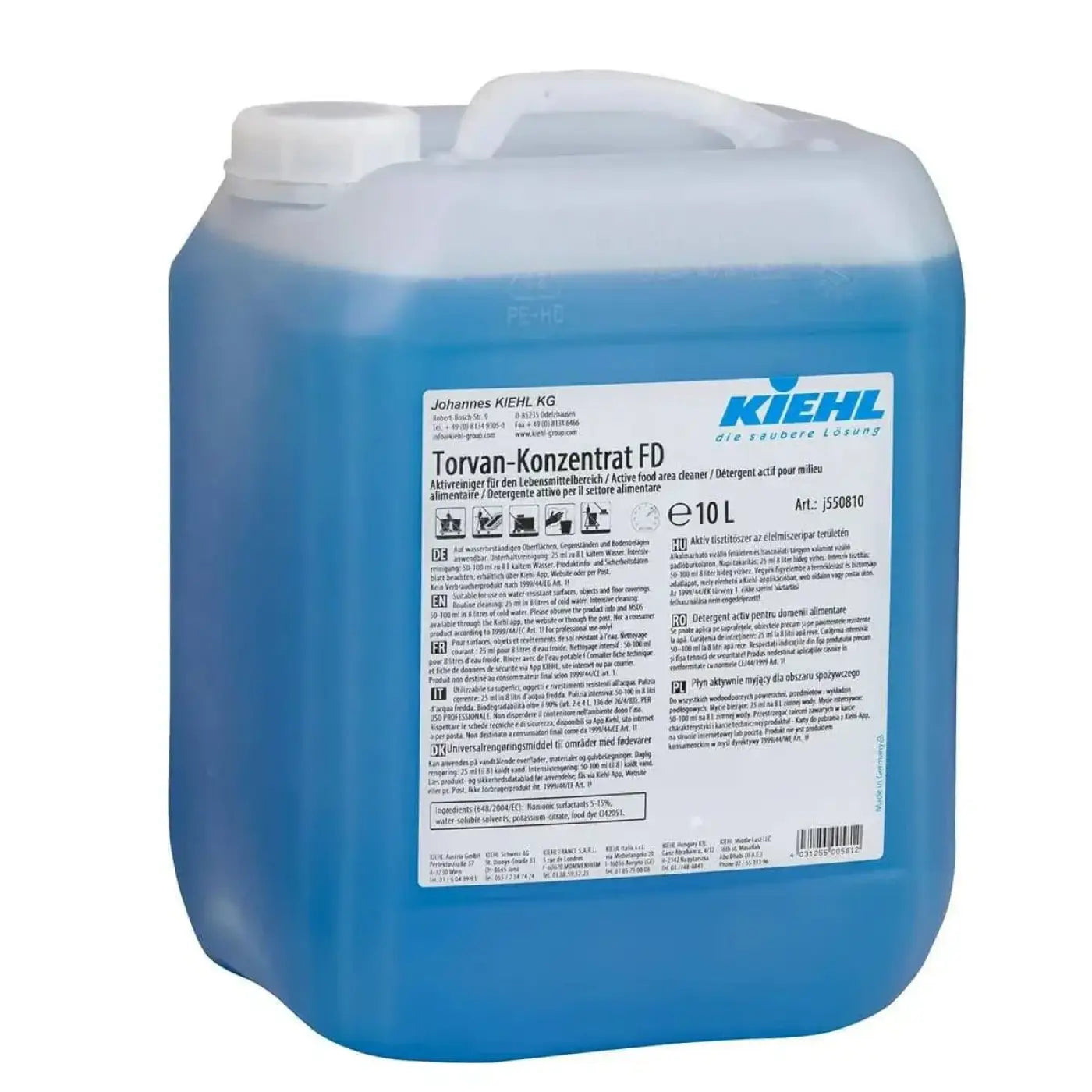 Blauer plastikbehälter mit johannes kiehl kg torvan-konzentrat fd 10 liter aktives küchenreinigungsmittel