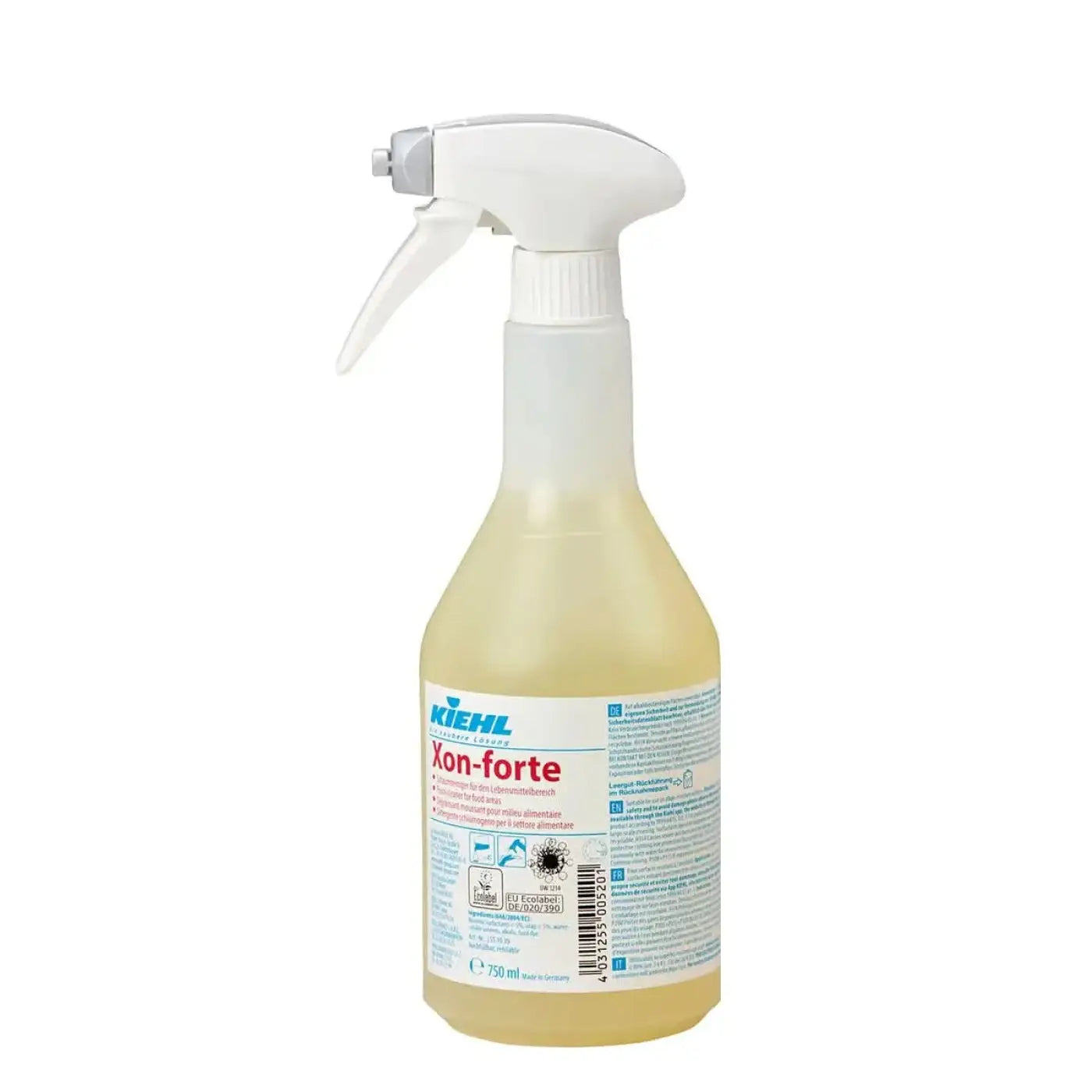 Ein klarer plastik-sprühflasche mit weißem auslöser und kappe, gefüllt mit blassgelber flüssigkeit, etikettiert kiehl’s xon-forte grillreiniger und backofenreiniger 750ml