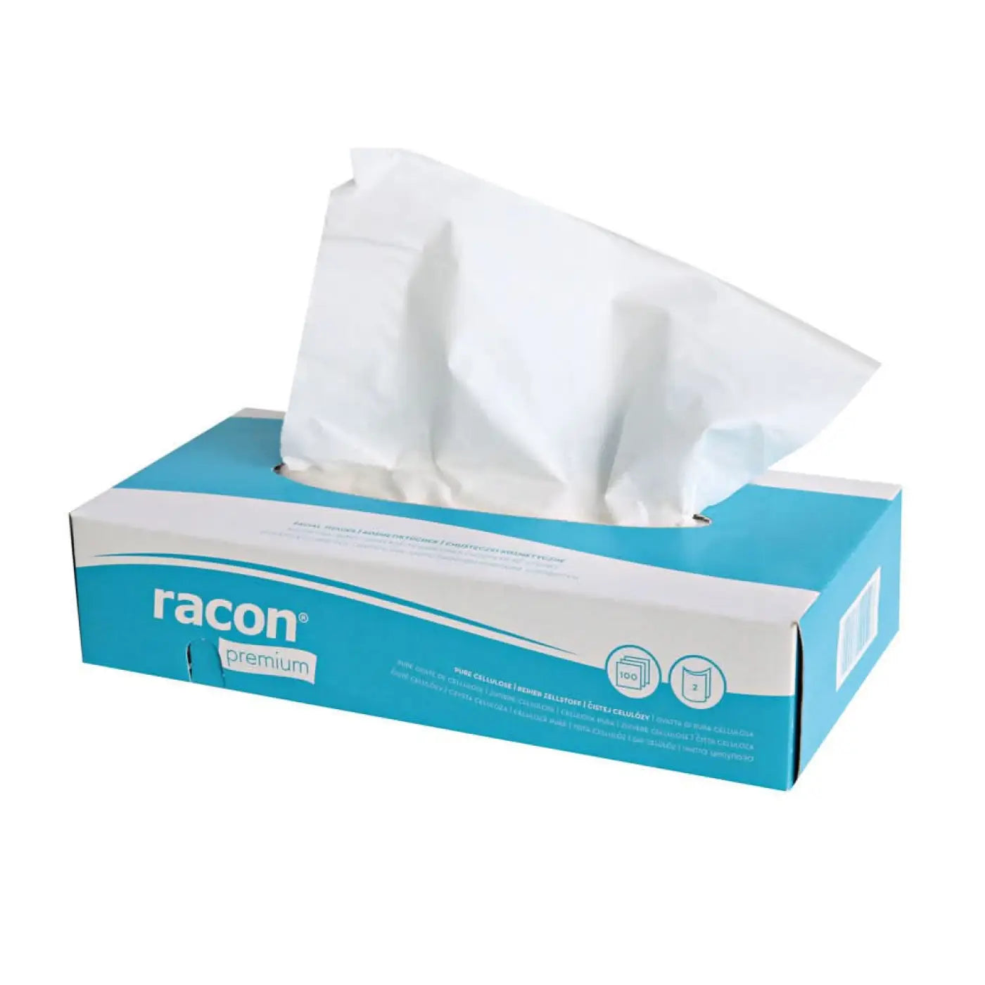 Kosmetiktücher 2-lagig aus zellstoff mit 100 weißen blauen racon premium box und einem teilweise herausgezogenen taschentuch