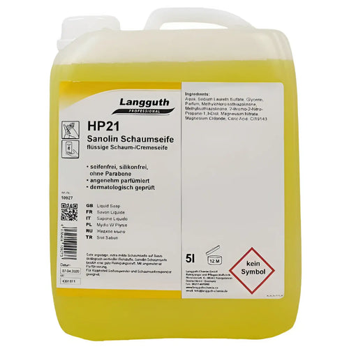 Gelbe langguth hp21 sanolin schaumseife in 5 liter kunststoffkanister zur professionellen nutzung