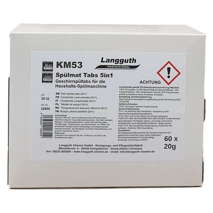 Weiße kartonverpackung von langguth professional km53 spülmatt tabs 5in1 geschirrspültabs 60 stück