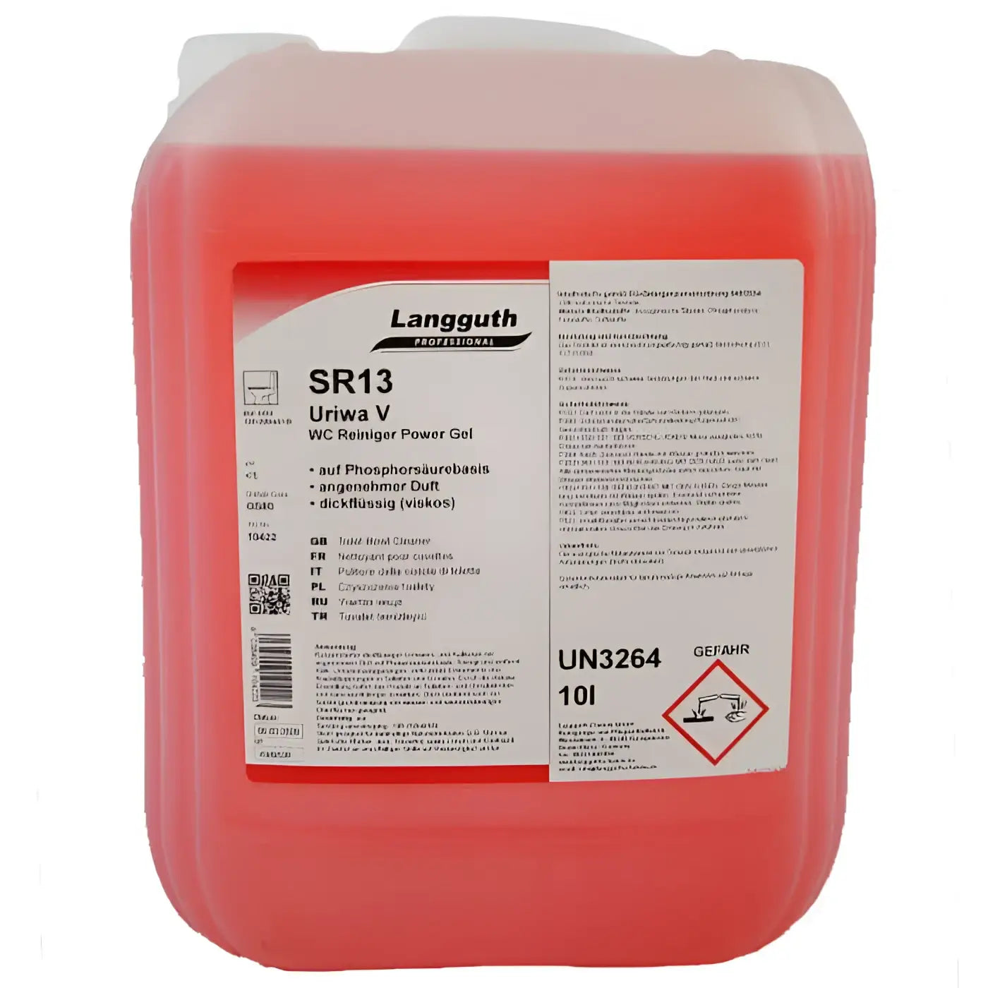 Roter transparenter kunststoffkanister mit weißem etikett und schwarzem text der marke langguth professional für wc-reiniger gel