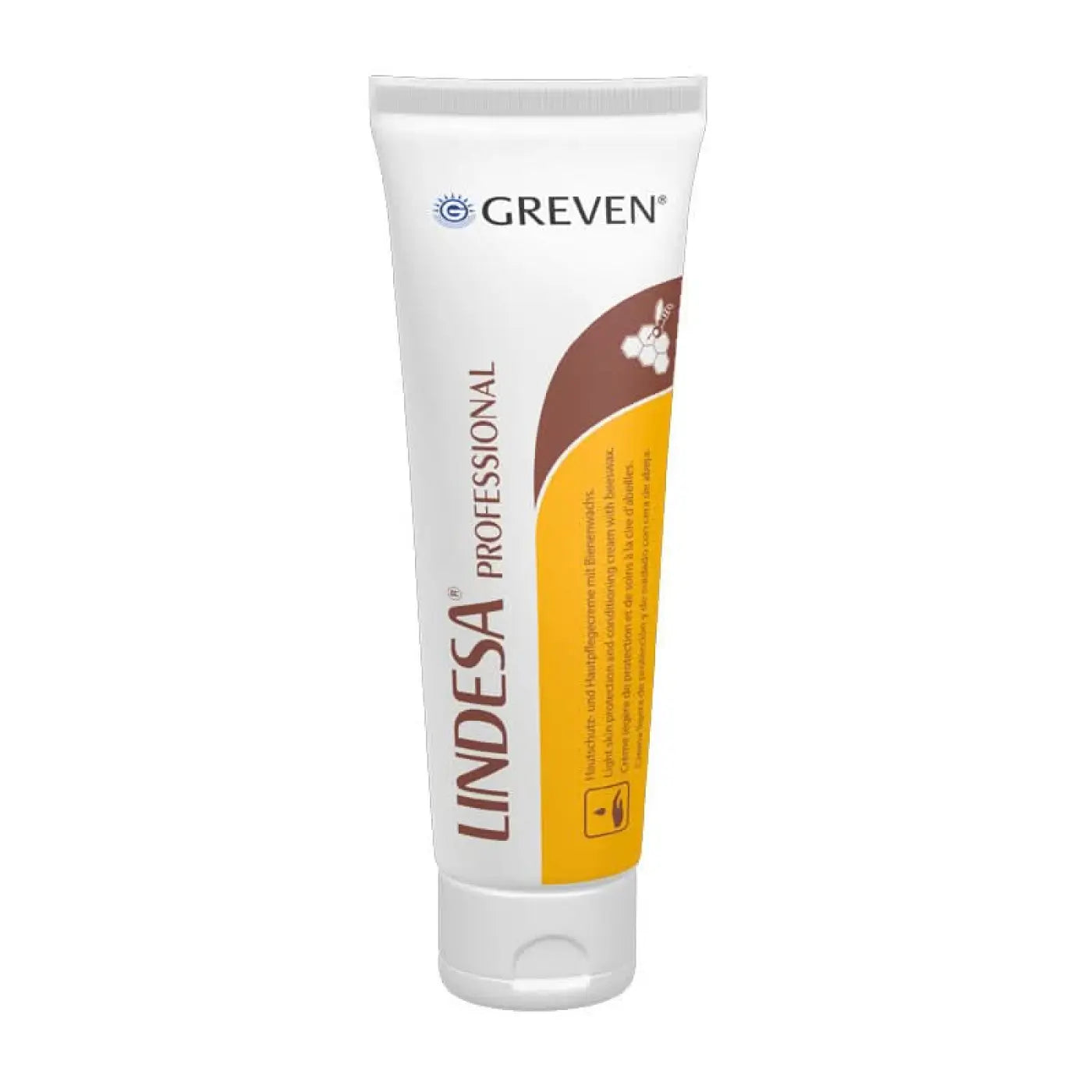 Weißes rohr greven lindesä professional hautpflegecreme mit braun gelbem bienenetikett lindesa professional hautpflege und hautschutz